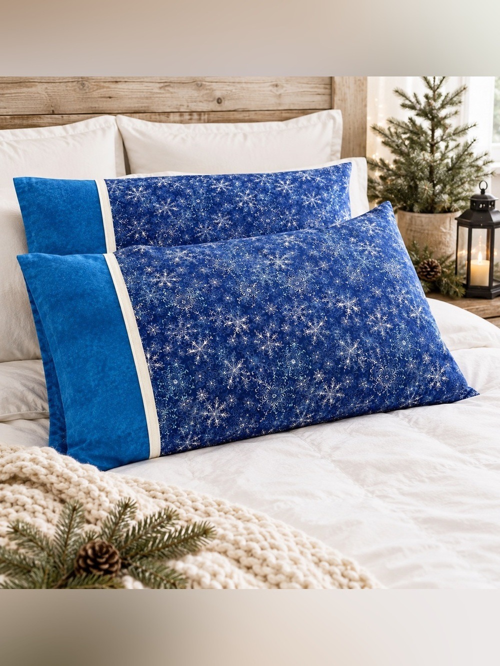Handmade Blue Snowflake Pillowcase Set | Winter Holiday Cotton Standard
